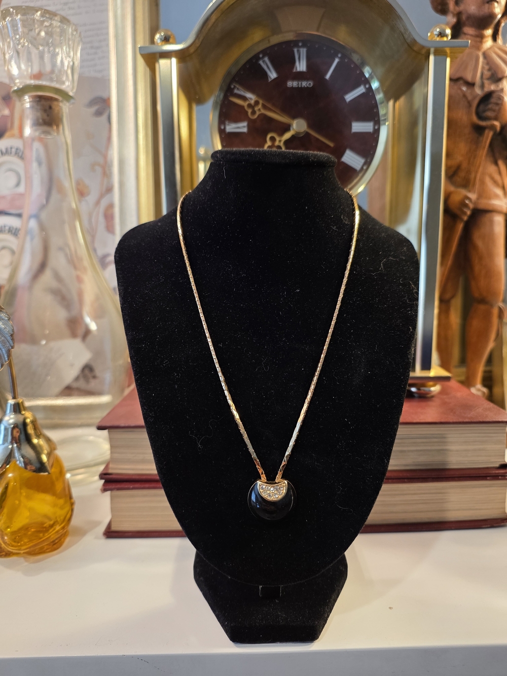 Vintage Christian Dior Gold Black Enamel Rhinestone Pendant Necklace Signed